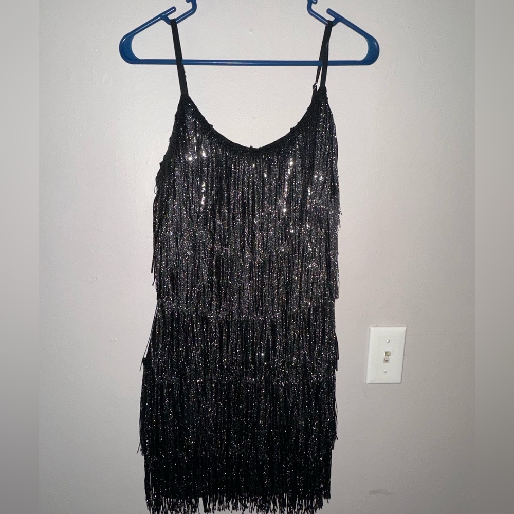 White Fox Boutique Sparkly Fringe Black Dress